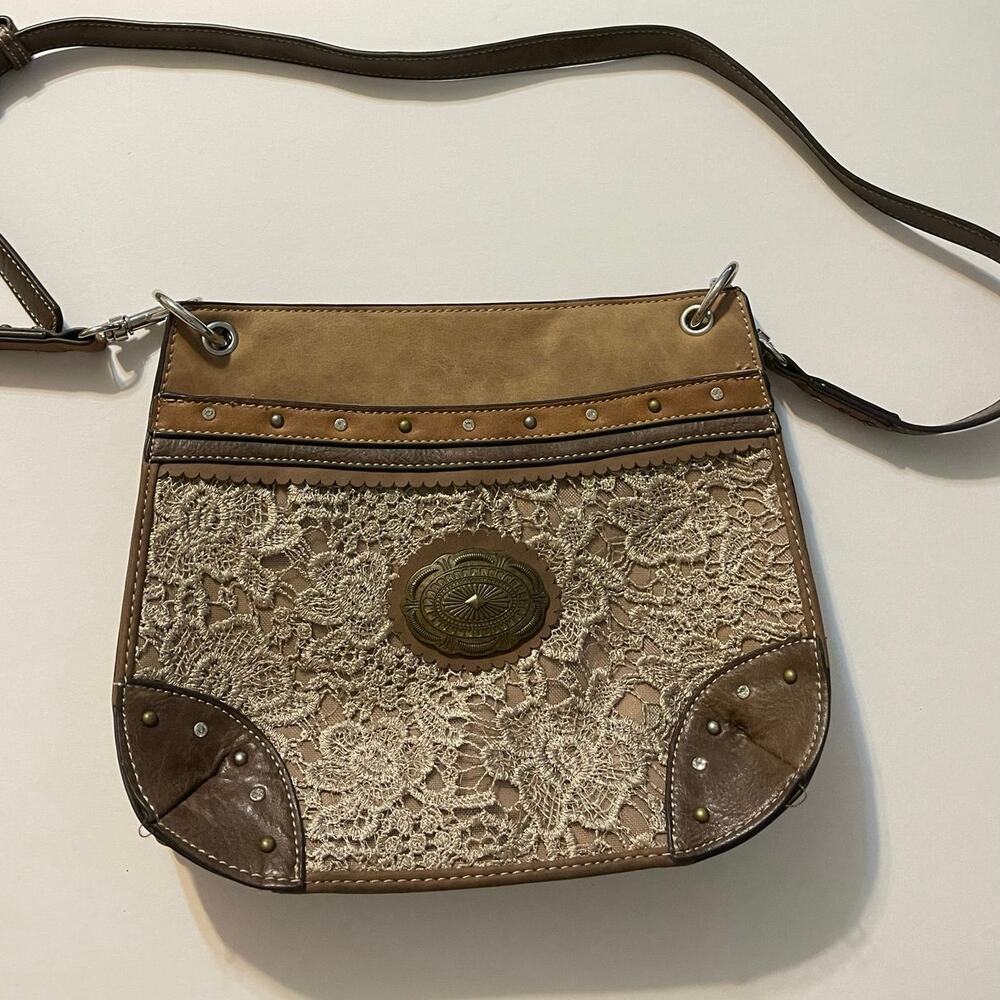Justin Ladies Brown Lace Handbag Purse Tote Rhinestones‎ Concho Tote Bag Purse
